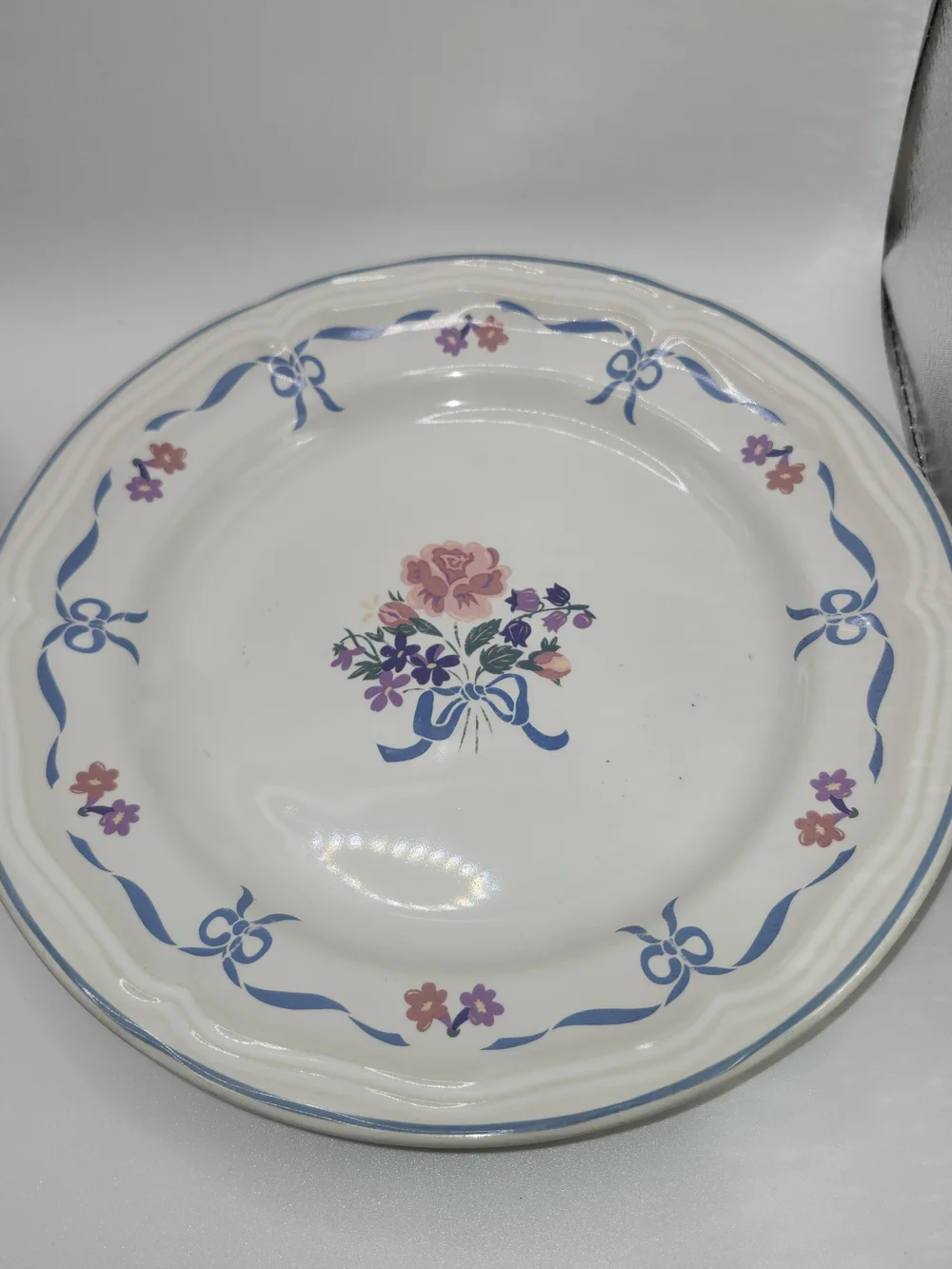 2Vtg Newcor Victoria Stoneware salad/dessert Plates 6026 Blue Ribbon Floral 1989